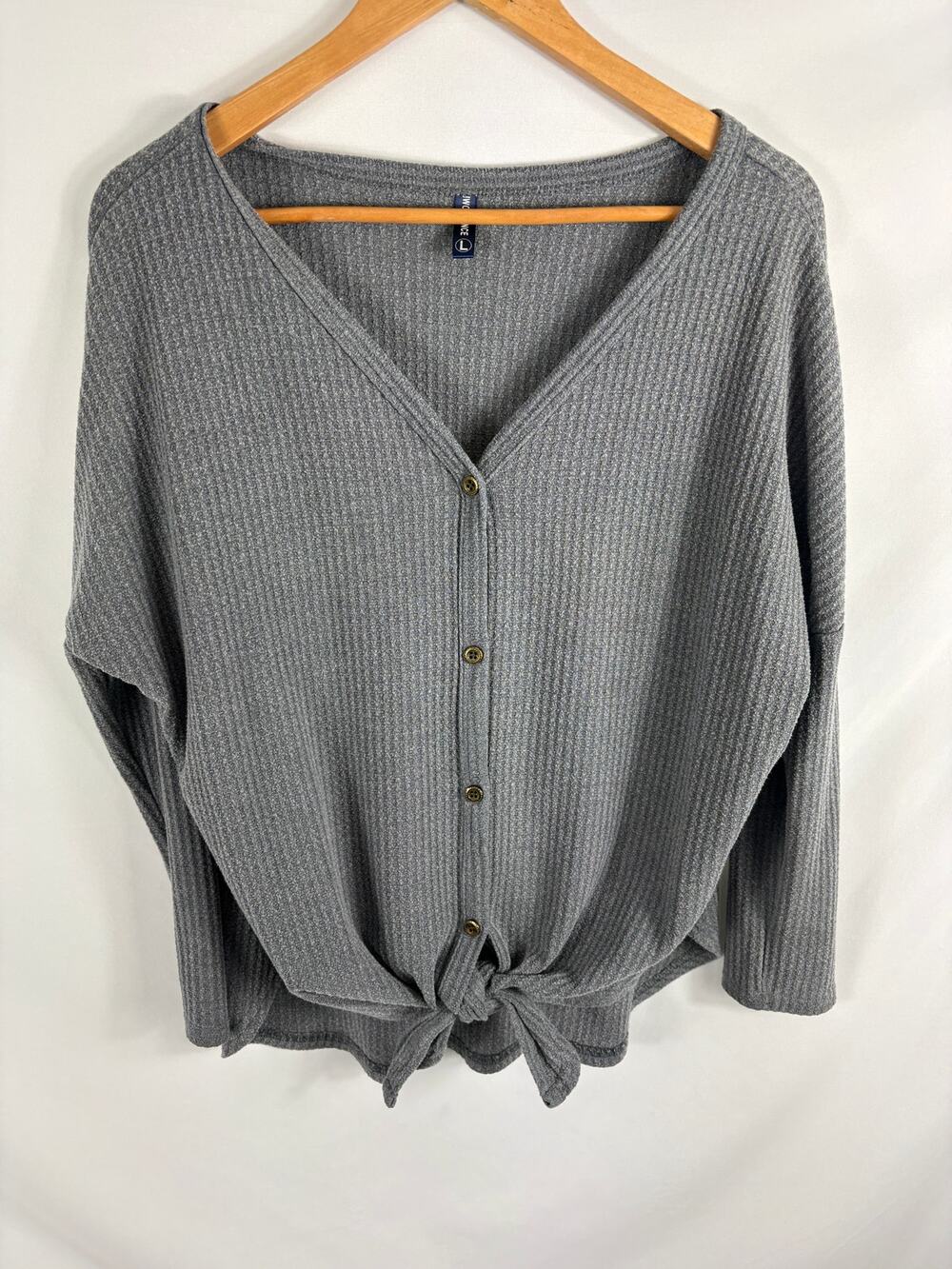 Neineiwu Waffle Knit Tie Bottom button Up Stretchy Top Grey Size Large